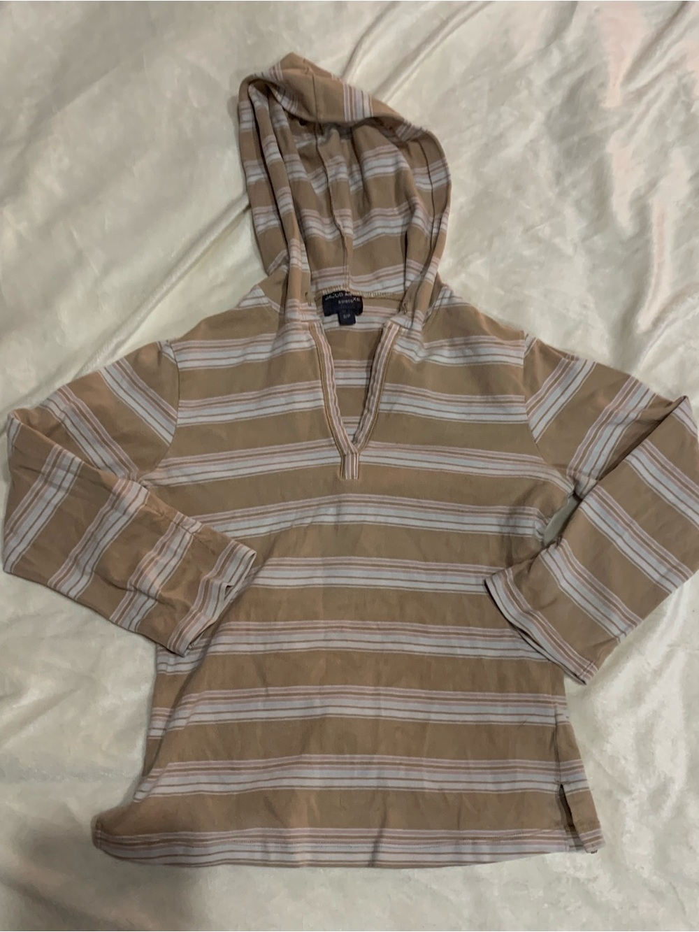 Striped Hooded Pullover - Beige and White